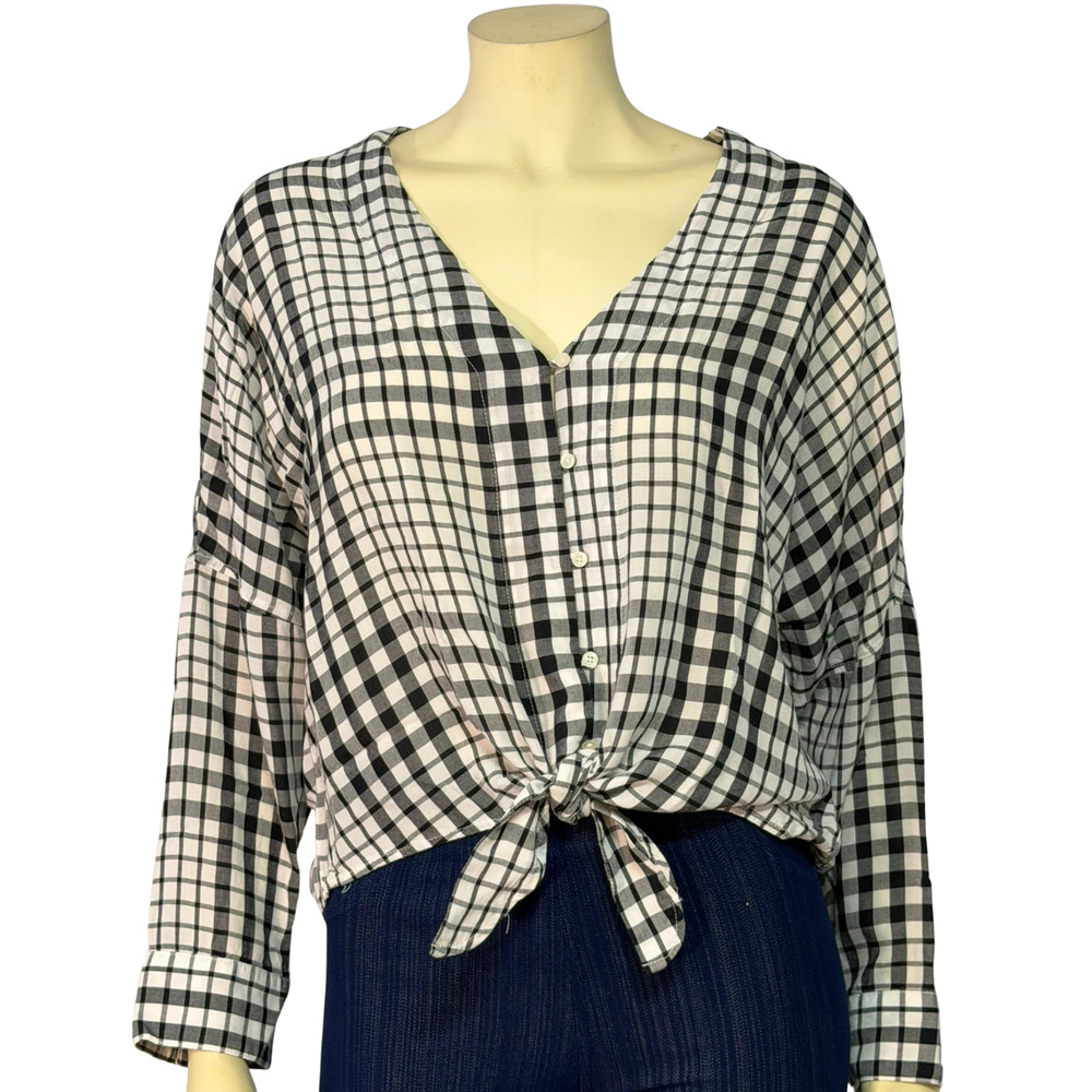 Express Sz S Dropped Shoulder V-Neck Blouse Front Knot Detail B&W Plaid Casual